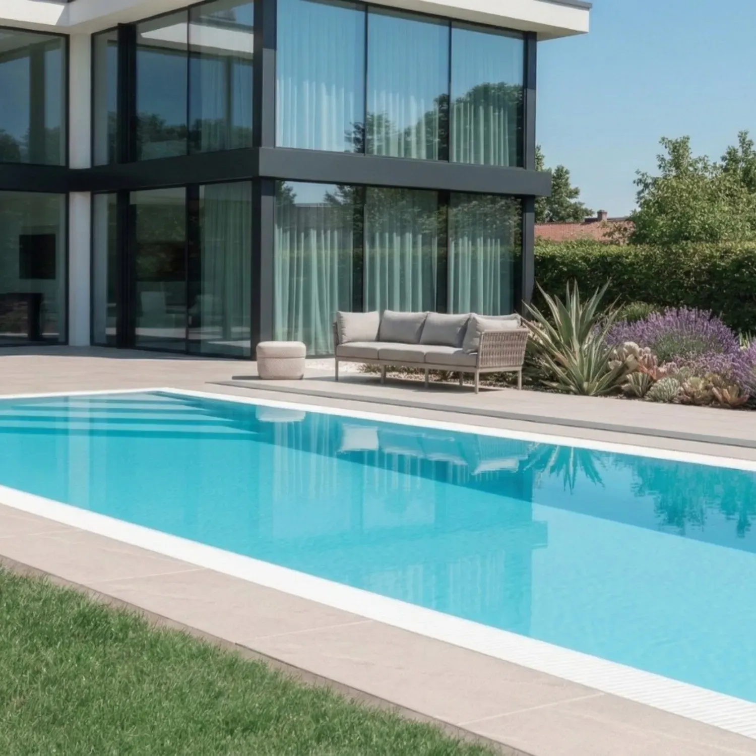 Pool Komplettangebot Überlauf mit Montage vom Poolbauer 3,5x8,0m | Überlauf-Schwimmbecken: Fertig montiert, verrohrt und verkabelt
