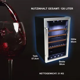 Tronitechnik TroniTechnik® Weinkühlschrank, Getränkekühlschrank, 126 Liter, 63 Flaschen, Wein Kühlschrank Edelstahl-Optik, mit LED