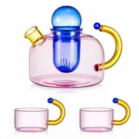 Youyijia Teekanne Teekannen Glas Teekanne Set mit 2 Tassen und herausnehmbarem Teesieb rosa|weiß