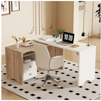 KLAM HOME Computertisch Schreibtisch Eckschreibtisch L-förmig, Computertisch Bürotisch weiß 135cm beige|weiß