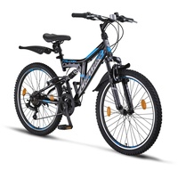 Chillaxx Bike Falcon Premium Mountainbike in 24 und 26 Zoll - Fahrrad für Jungen, Mädchen, Damen und Herren 21 Gang-Schaltung - Vollfederung (24 Zoll, Schwarz-Blau V-Bremse)