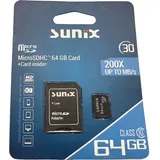 SUNIX Speicherkarte Microcard Microsdhc Karte 64gb Class 10 Uhs-i Mit Adapter Bis Zu 200 Mb/s