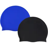 ATSNOSH 2 Stück Badekappe für Damen Herren, wasserdichte Badehaube für langes Haar, Silikon Elastische Schwimmmütze, Weiche Komfortable Strapazierfähige, Rutschfestigkeit Swimming Cap (Schwarz+Blau)