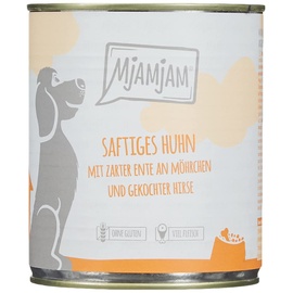 MjAMjAM - Premium Nassfutter für Hunde - saftiges Huhn mit zarter Ente an Möhrchen und gekochter Hirse, 6er Pack (6 x 800 g), naturbelassen mit extra viel Fleisch