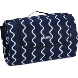 Relaxdays XXL Picknickdecke, 200x300 cm, Fleece Stranddecke, wärmeisoliert, wasserdicht, mit Tragegriff, dunkelblau/weiß