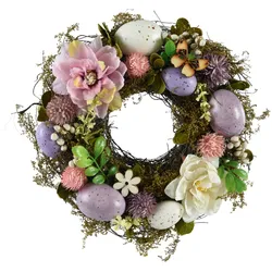 KSD Osterkranz mit Dekoeiern & Blumen 23cm Kunststoff Deko Kranz Frühling Ostern Dekokranz Türkranz Wandkranz Frühlingsdeko Osterdeko Grün Rosa Weiß
