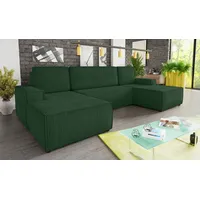 Wohnlandschaft mit Schlaffunktion Totti - U-Form Couch, Schlafsofa mit Bettkasten, Couchgranitur mit Bettfunktion, Big Sofa, Cord Stoff, Wohnzimmer... - Grün