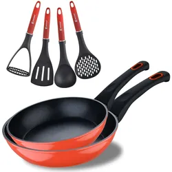 BERGNER - Set mit 2 Bratpfannen Ø20-Ø24 cm Classique aus geschmiedetem Aluminium mit Antihaftbeschichtung und roten Küchenutensilien