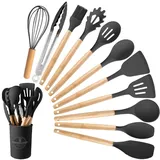 Küchenhelfer Set, 12-teiliges Silikon Kochutensilien Kochbesteck Set, Hitzebeständiger Kochgeschirr mit Utensilienhalter, Antihaft Kochset Küchenutensilien, Spülmaschinenfest (Black)