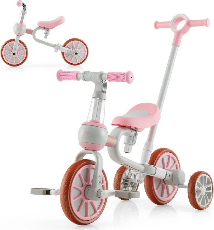 4-in-1 Kinder-Trettrike mit verstellbarem Elterngasgriff, geeignet für 2-4 Jahre - Pink