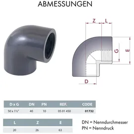 Powerhaus24 PVC Winkel 90 Grad, D 50 mm auf 1 1/2 Zoll IG,
