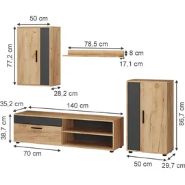 Vicco Wohnwand Berno, Eiche Anthrazit Schrankwand 4er-Set Wohnzimmer