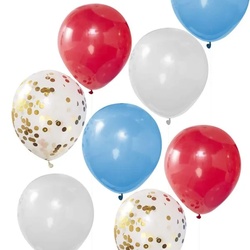 6 Luftballons rot, blau, weiss, gold