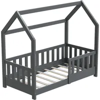 Hago Kinderbett 70x140cm Grau Hausbett Dach Rausfallschutz Massivholz Kiefer