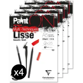Clairefontaine Paint ́ON Lisse/Glatt Zeichenpapier DIN A5 25 Blatt 250g weiß 4 Stück