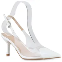VAN HILL Damen Slingpumps Stiletto Transparent Party Schuhe 216680 Weiss Lack 38 - 38 EU