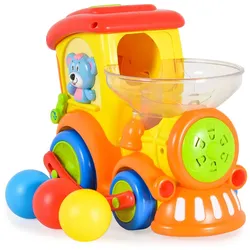 Moni Spielzeug Zug 958, Kugelbahn, 3 bunte Bälle, Musik- und Lichtfunktion gelb