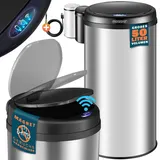 MONZANA® Sensor Mülleimer 50L Smarter Abfalleimer inkl. Ladekabel Edelstahl Berührungslos LED Anzeige Wasserdicht Küche Restabfall Recycling M...