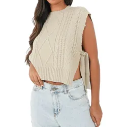 Sixth June Damen Sommer-Top Crop-Top mit gedrehten Schnüren Strick-Shirt W12609KKN Beige - S