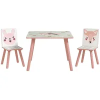 zonekiz Kindertisch mit 2 Stühlen Kindersitzgruppe mit Tiermotiv, Kinder Tisch Stuhl Set Kindermöbel Sitzgruppe für Kinderzimmer, Kindergärten, für 3-8 Jahren Kinder, Rosa