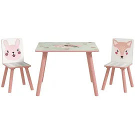 zonekiz Kindertisch mit 2 Stühlen Kindersitzgruppe mit Tiermotiv, Kinder Tisch Stuhl Set Kindermöbel Sitzgruppe für Kinderzimmer, Kindergärten, für 3-8 Jahren Kinder, Rosa