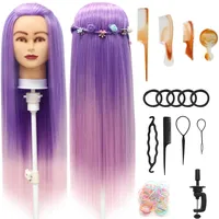 Trainingsköpfe, 28 inch Frisierkopf für Frisöre 100% Synthetikfaser-Haar Übungskopf,mit DIY Stricken Kit und kostenlose Tabelle Clips (Purple Pink)