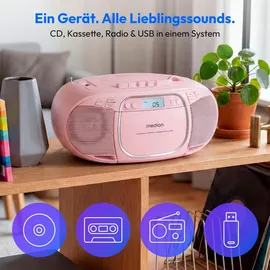 Medion E66476 Stereo Sound System (Boombox, CD-Player, MP3, Kassette, tragbarer Kassettenspieler für Kinder, UKW Radio, AUX, Kopfhörer, Netz & Batterie) pink,