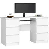 Akord Schreibtisch, Weiß, Holzwerkstoff, 6 Schubladen Rechteckig,Rechteckig, 135x77x50 cm, Arbeitszimmer, Schreibtische, Computertische