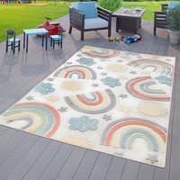 TT Home Kinderzimmer Outdoor Teppich Kinder Spielteppich Regenbogen Design Creme, Größe:Ø 160 cm Rund
