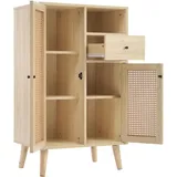 Sideboard 60x40x100 cm mit 2 Türen, 1 Schublade und offenem Fach, TV-Schrank, Aufbewahrungskommode, Rattan-Holz-Design, Eiche für Wohnzimmer und Flur