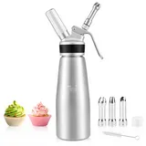 SKUTZTEK Sahnespender,Aluminium Sahnesyphon 500ml mit 3 Edelstahl Deko-Düsen (Lotus, Stern, Kreuz) & Reinigungsbürste,Aluminium Sahnesiphon für Schlagsahne, Mousse, Desserts, Heiße Getränke, Creme
