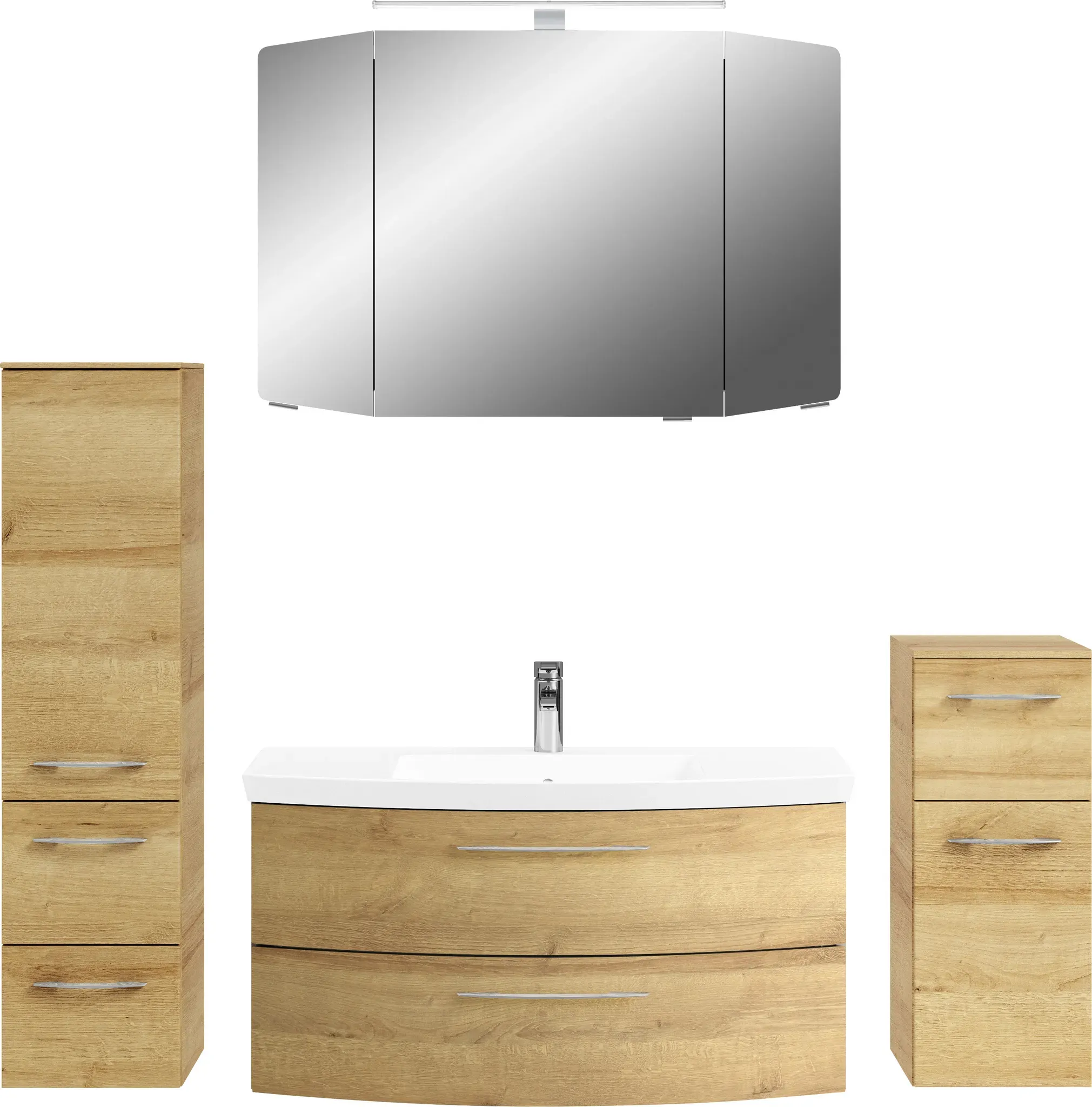 Badezimmer-Set SAPHIR "Cassca Sprint 4-teilig Mineralmarmor-Waschtisch mit LED-Spiegelschrank" Kastenmöbel-Sets Gr. B/H/T: 161 cm x 200 cm x 50,5 cm, 1 Mineralmarmor-Waschtisch weiß-1 Waschtischunterschrank mit 2 Auszügen-1 Spiegelschrank mit 3 Drehtüren-1 Aufsatzleuchte-1 Unterschrank mit 1 Drehtür, 1 Auszug-1 Midischrank mit 1 Drehtür, 2 Auszügen, braun (riviera eiche quer nachbildung) Midischrank, Unterschrank, inkl. Türdämpfer, 5 Türen, Schubladen