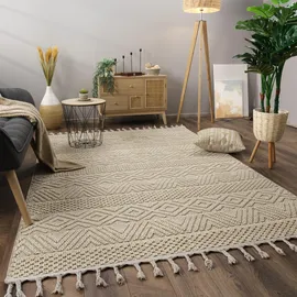 Paco Home Teppich Wohnzimmer Kurzflor Skandi Boho Muster Geometrisch Einfarbig Fransen 80x150 cm, Creme - Paco Home