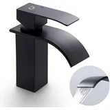 CECIPA Wasserhahn Bad Schwarz, Wasserfall Wasserhahn Schwarz Waschtischarmatur Wasserfall Waschbecken Armatur Schwarz Mischbatterie Waschbecken mit Auslauf Höhe 84 mm