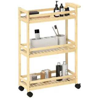 Homcom Servierwagen mit 3 Ebenen Küchenwagen mit Rollen, Griff Rollwagen aus Bambus Küchenregal Küchenrollwagen für Küche, Büro, Badezimmer, Naturholz