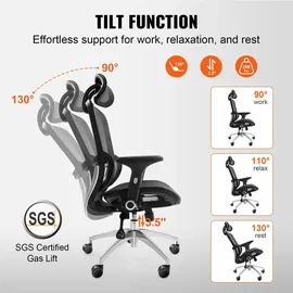 Vevor Bürostuhl Ergonomisch, Schreibtischstuhl mit Verstellbarer Kopfstütze 80 mm, mit Armlehnen Lendenwirbelstütze, Drehstuhl Wippfunktion, Chefsessel aus Mesh, Rückenschonend, Bürostuhl 130 kg