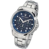 MASERATI Chronograph Maserati Edelstahl Armband-Uhr, (Chronograph), Herrenuhr Edelstahlarmband, rundes Gehäuse, groß (ca. 52x44mm) blau silberfarben