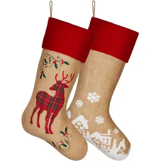 Brubaker 2er Set Weihnachtsstrumpf zum Befüllen und Aufhängen - Weihnachtsdorf und Rentier - 52 cm groß - Nikolausstrumpf für Weihnachten und Nikolaus