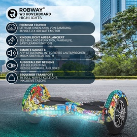 ROBWAY W3 Hoverboard für Erwachsene und Kinder, 10 Zoll Self-Balance-Scooter, Bluetooth, App, (Orange Graffiti)