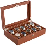 ProCase 10 Slot Uhrenbox, Uhrenkoffer mit Zahlenschloss, Uhrenkasten Uhrenaufbewahrung mit Glasdeckel -Braun