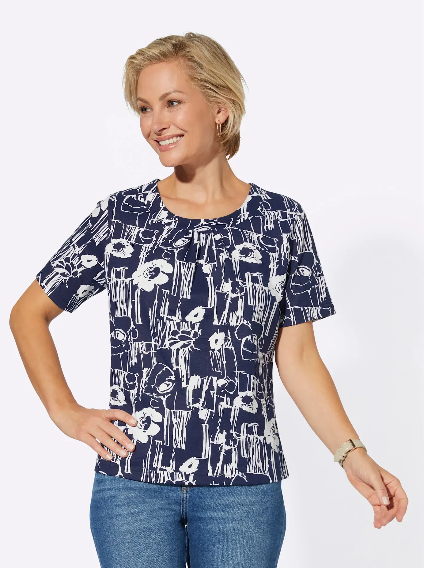 Kurzarmshirt "Shirt" Gr. 48, blau (marine, marine, weiß, bedruckt) Damen Shirts Jersey