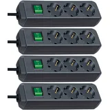 Brennenstuhl Eco-Line 3-fach Steckdosenleiste (Steckerleiste mit Kindersicherung, Schalter und 1,5 m Kabel) schwarz | 4er Pack