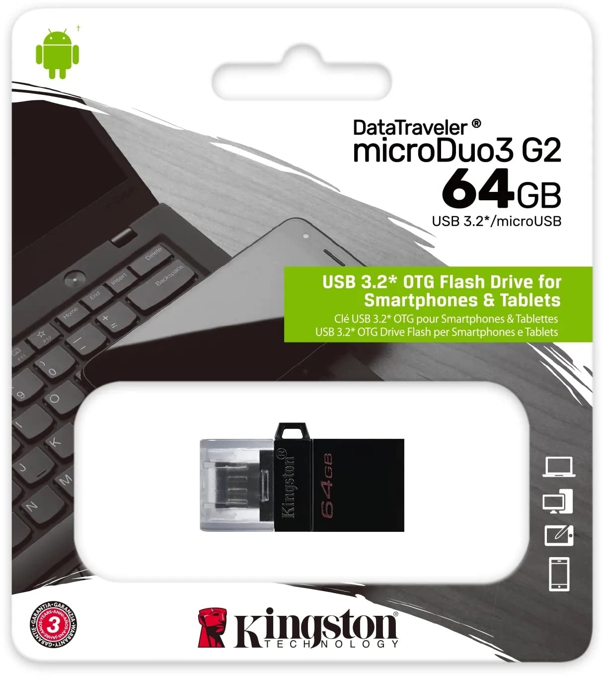 Kingston DataTraveler microDuo3 G2 - DTDUO3G2/64GB microUSB und USB-Stick Typ A für Android OTG, schwarz