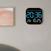 SPORTARC Elektrische digitale Wanduhr, LED-Wanduhr mit Fernbedienung, multifunktionales Display, Wecker, Temperatur, Datum, Uhrzeit, für Heimbüro (blau)