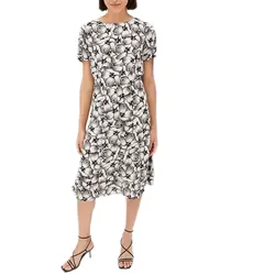 nachhaltiges Damen Midi-Kleid mit Blumen-Muster Sommer-Kleid mit kurzen Ärmeln Frühlings-Kleid 979301 Weiß/Schwarz - 38