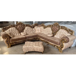 Casa Padrino Luxus Barock Ecksofa Beige / Braun / Gold