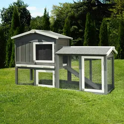 MyAnimal Hasenstall MH-03 Doppelstockhaus mit Garten, Freilauf, Kiefernholz, verzinkter Draht (Grau/Weiß 2.0)