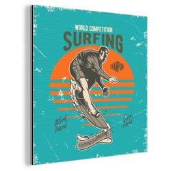 MuchoWow Metallbild Vintage – Surfen – Surfbrett, (1 St), Alu-Dibond-Druck, Gemälde aus Metall, Aluminium deko bunt 20 cm x 20 cm x 0.4 cm