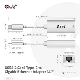 Club 3D USB 3.2 Gen2 Typ-C auf Gigabit Ethernet LAN Adapter 0,2m schwarz