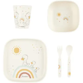 Sterntaler Geschirrset Ente Edda Lou ecru, 5er Set für Jungen und Mädchen bestehend aus Trinkbecher, eckigem Teller, eckiger Breischale und Löffel und Gabel